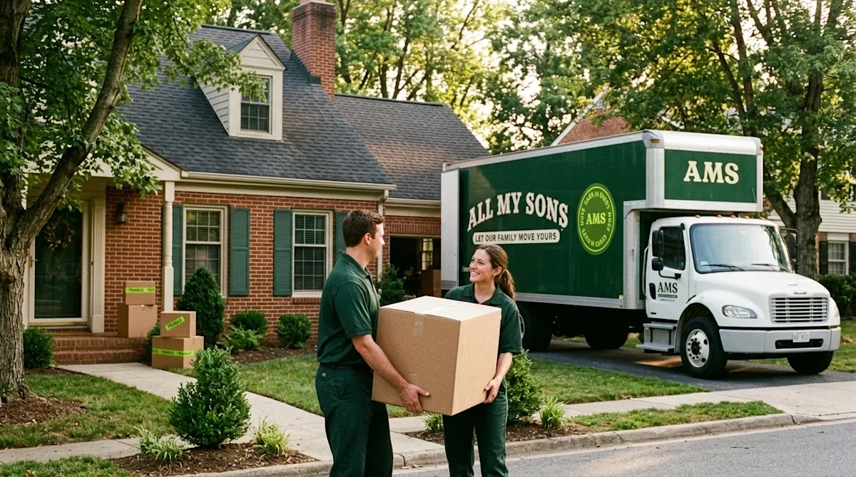 Candid lifestyle photography of a professional moving day outside a classic Maryland-style red brick home. Two friendly mover
