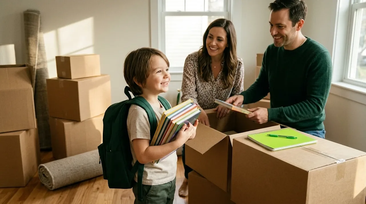 Candid 35mm film lifestyle photography of a happy family with a young child unpacking kraft brown cardboard moving boxes in t
