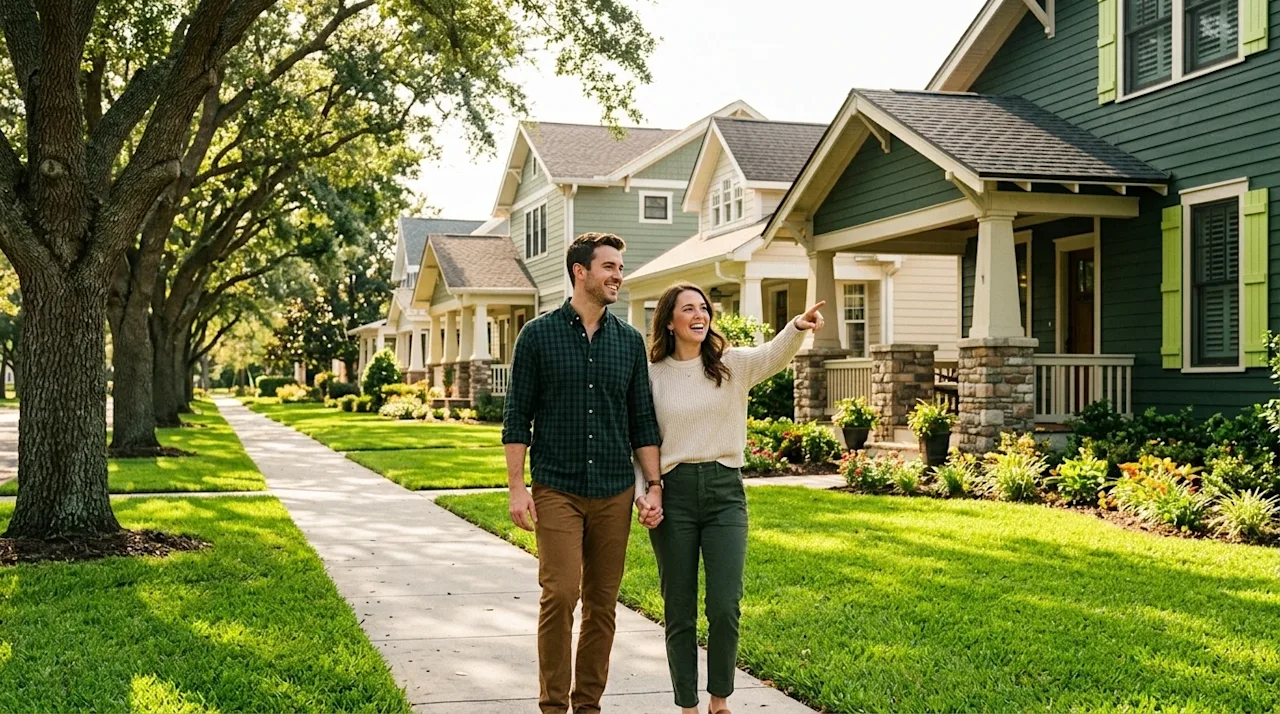 Professional marketing photography of a picturesque, welcoming suburban neighborhood street in Murfreesboro, Tennessee, durin