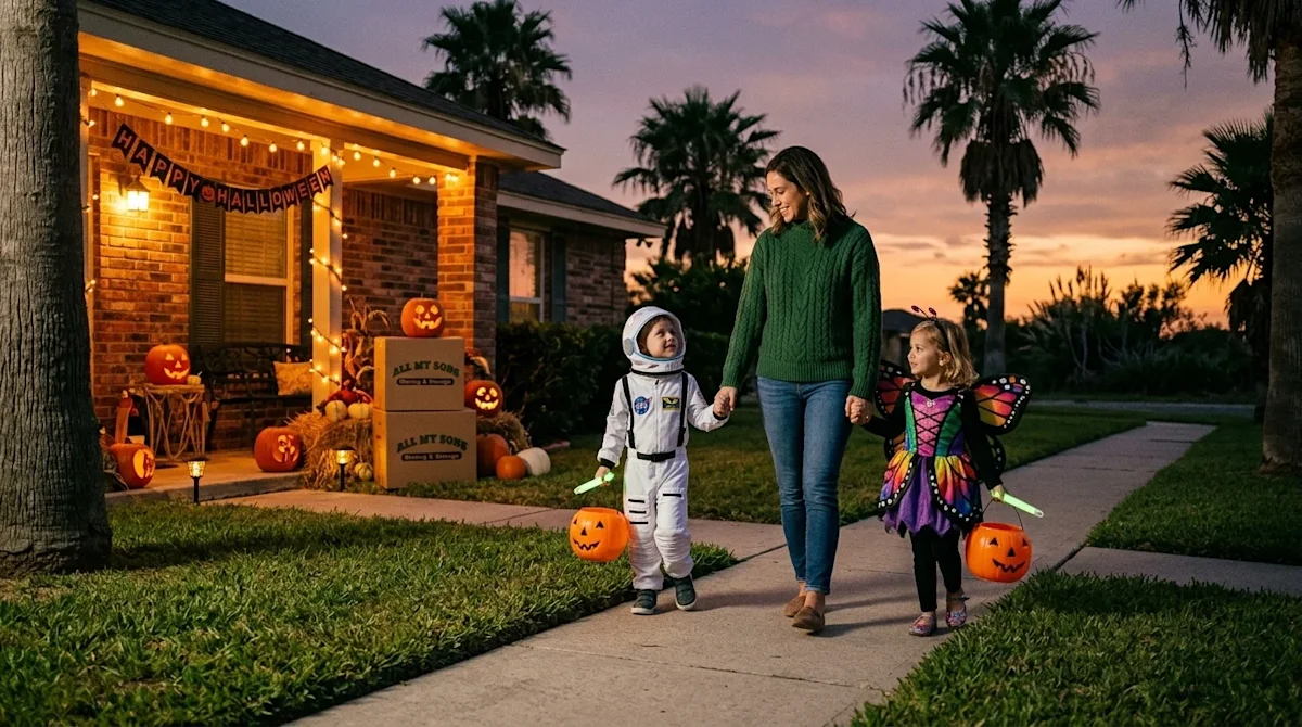 Candid lifestyle photography of kids safely trick-or-treating in a warm Corpus Christi suburban neighborhood at dusk. Two you