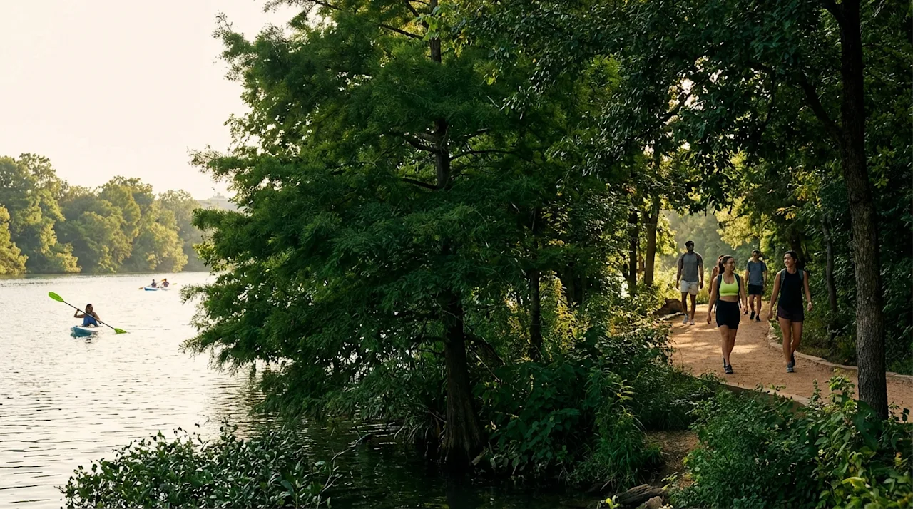 People hiking and kayaking at Lady Bird Lake in Austin, Texas, surrounded by lush greenery and warm sunlight.