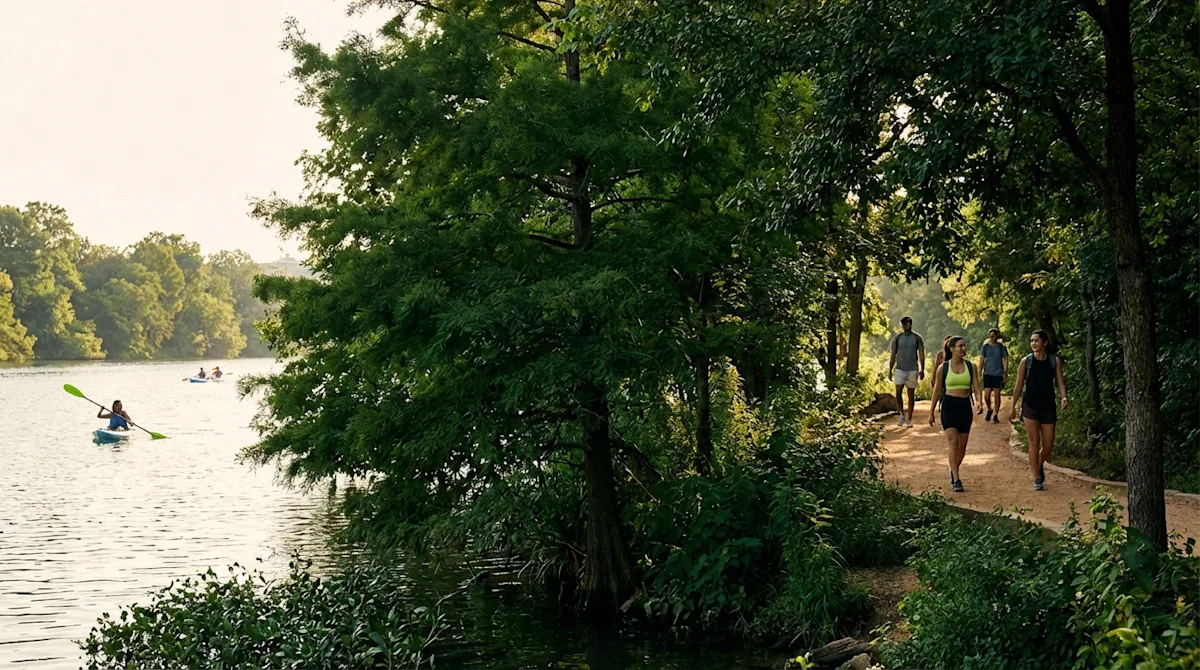 People hiking and kayaking at Lady Bird Lake in Austin, Texas, surrounded by lush greenery and warm sunlight.