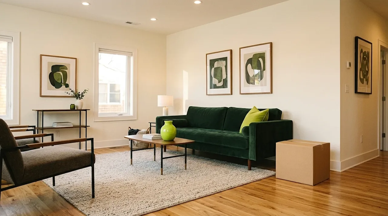 Professional interior marketing photography of a trending, stylish contemporary living room. The scene features a beautifully