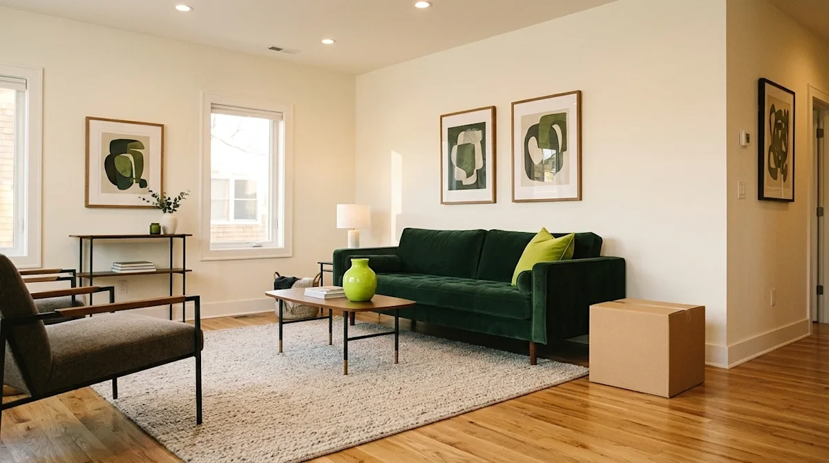 Professional interior marketing photography of a trending, stylish contemporary living room. The scene features a beautifully