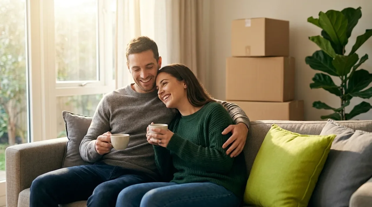 Professional marketing photography of a relaxed, happy young couple sitting together in a beautifully sunlit, modern living r