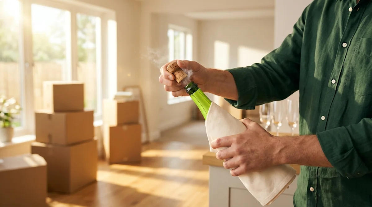 Man opening champagne to celebrate moving into a new home with stacked packing boxes in the background.