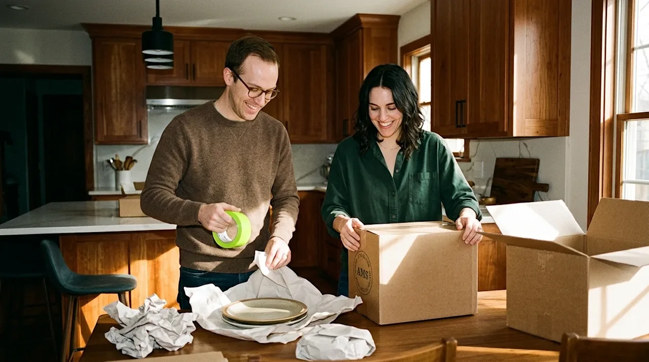 Candid lifestyle photograph of a smiling couple preparing for a move in a warm, sunlit Nashville home interior with rich wood