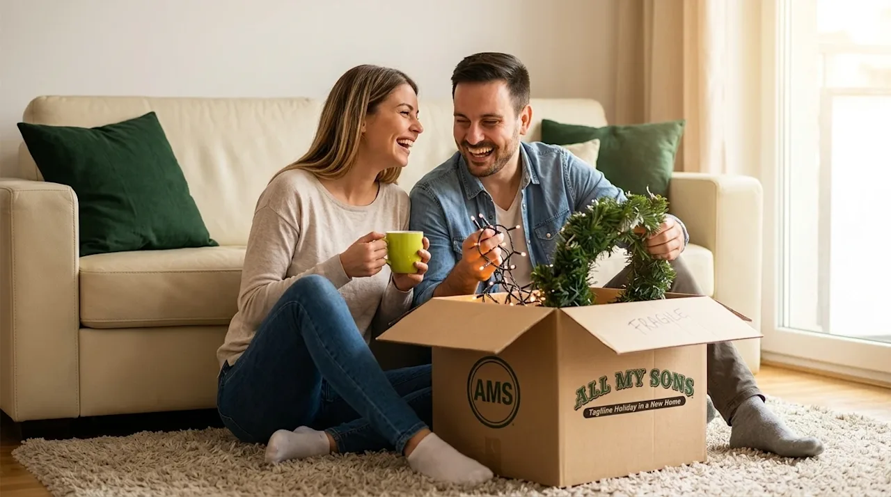 Clear, professional marketing lifestyle photography of a smiling young couple celebrating their first holiday in a new home.