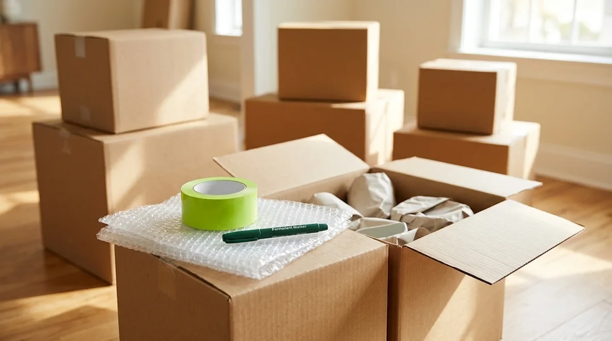 High-quality lifestyle photography of essential packing products prepared for a family move, set in a brightly lit, warm, and