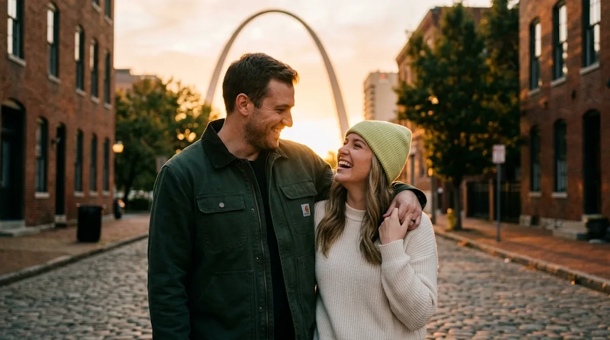 Candid, warm lifestyle 35mm film photography of a happy romantic couple enjoying a beautiful evening in St. Louis, with the i