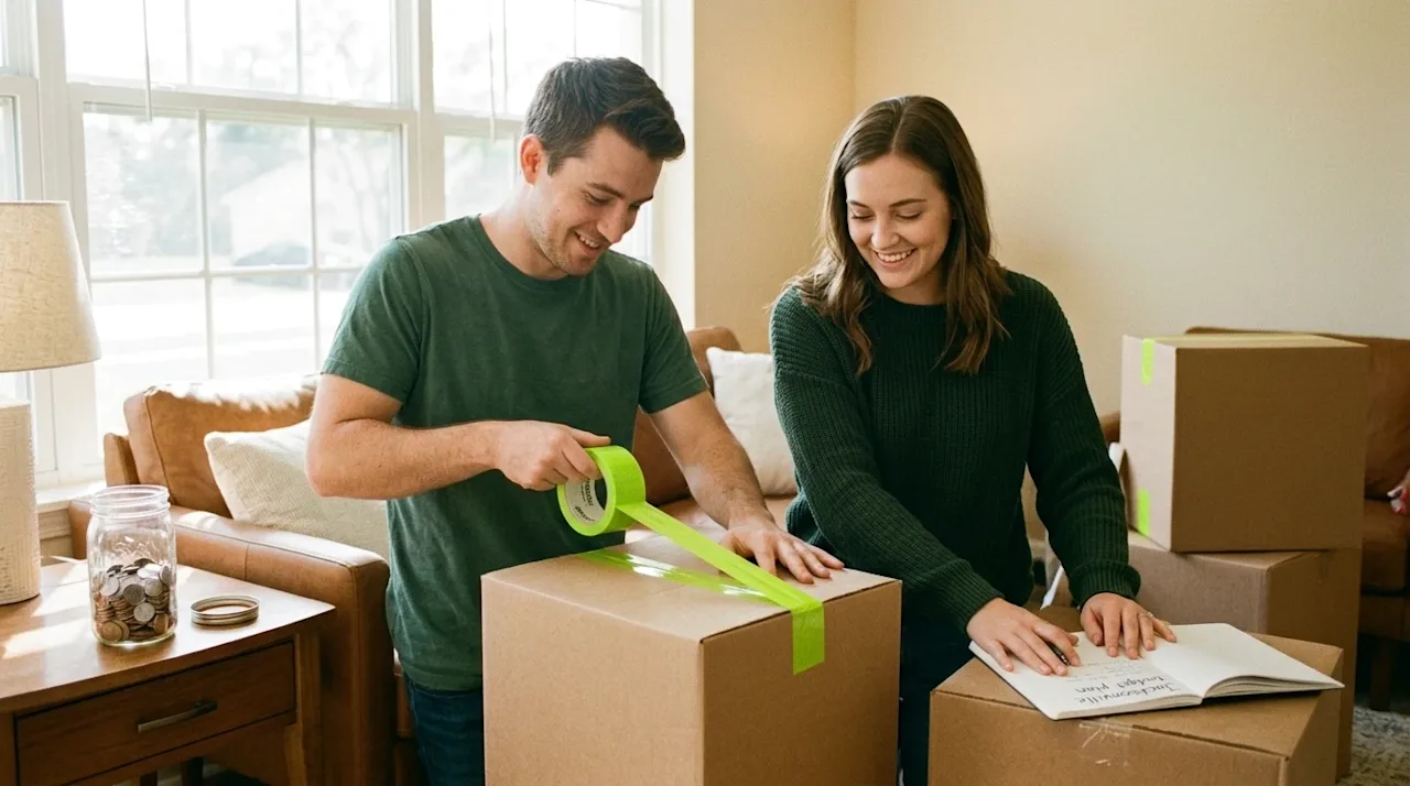 Candid 35mm film photography of a happy young couple in a sunlit, warm-toned living room, actively packing kraft brown moving