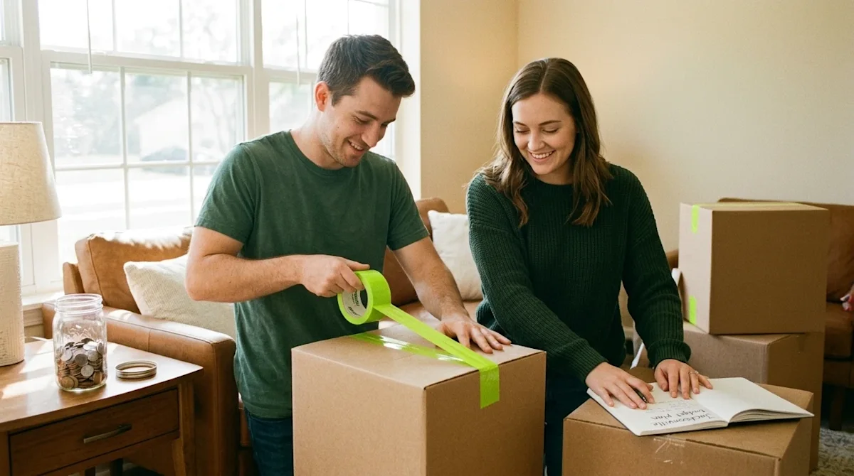 Candid 35mm film photography of a happy young couple in a sunlit, warm-toned living room, actively packing kraft brown moving