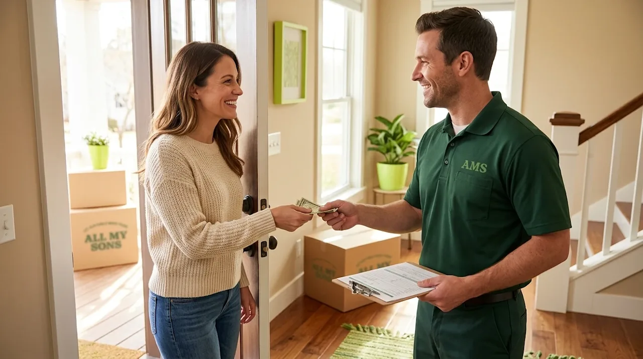 Clear and professional marketing photography of a stress-free moving day. A happy, casually dressed homeowner is smiling and