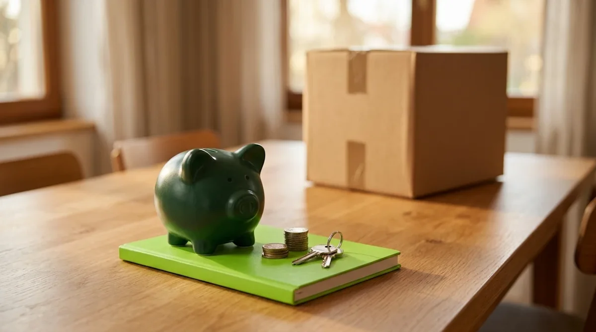Clear, professional lifestyle marketing photography. A close-up, eye-level shot focusing on a wooden dining table inside a co