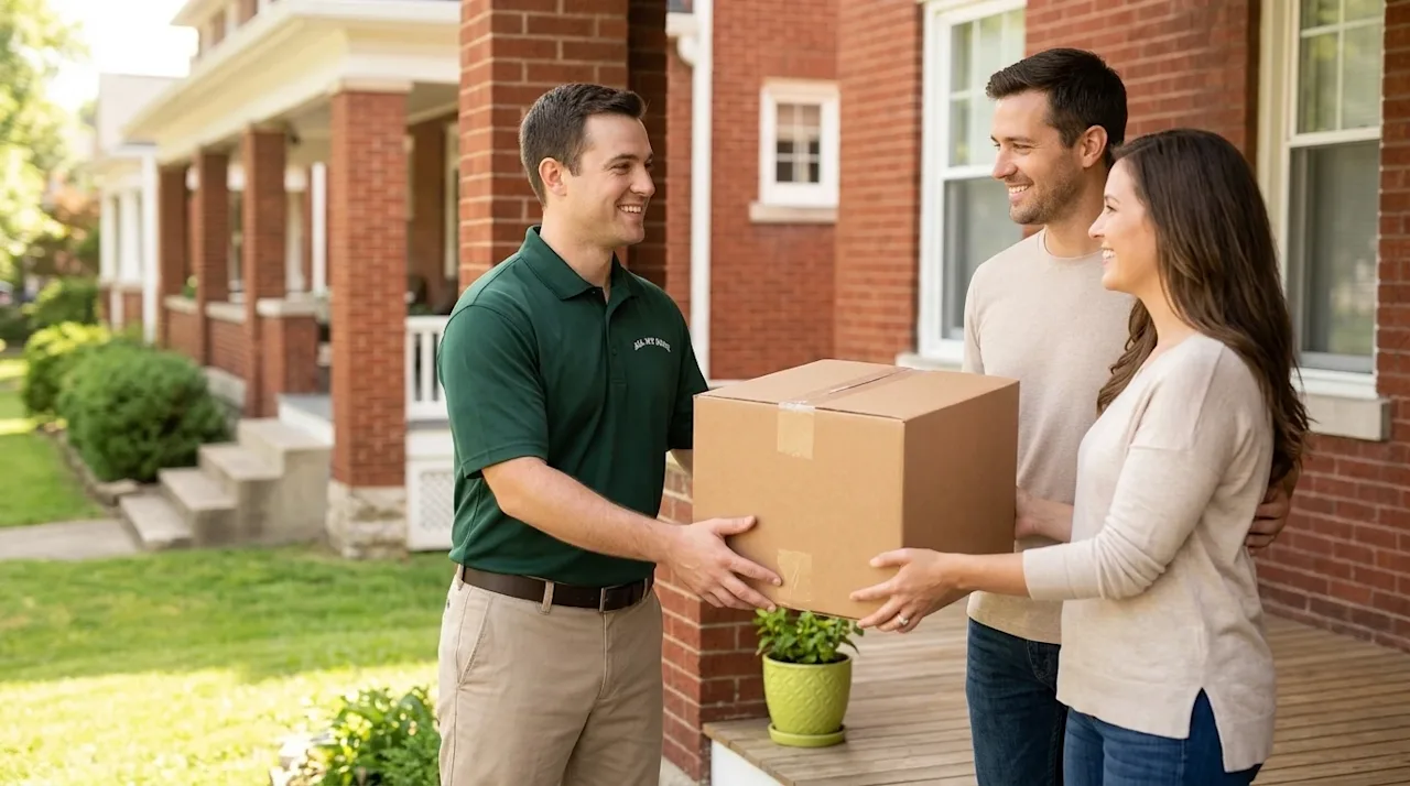 Professional marketing photography of a friendly, smiling moving professional wearing a deep forest green polo shirt, standin