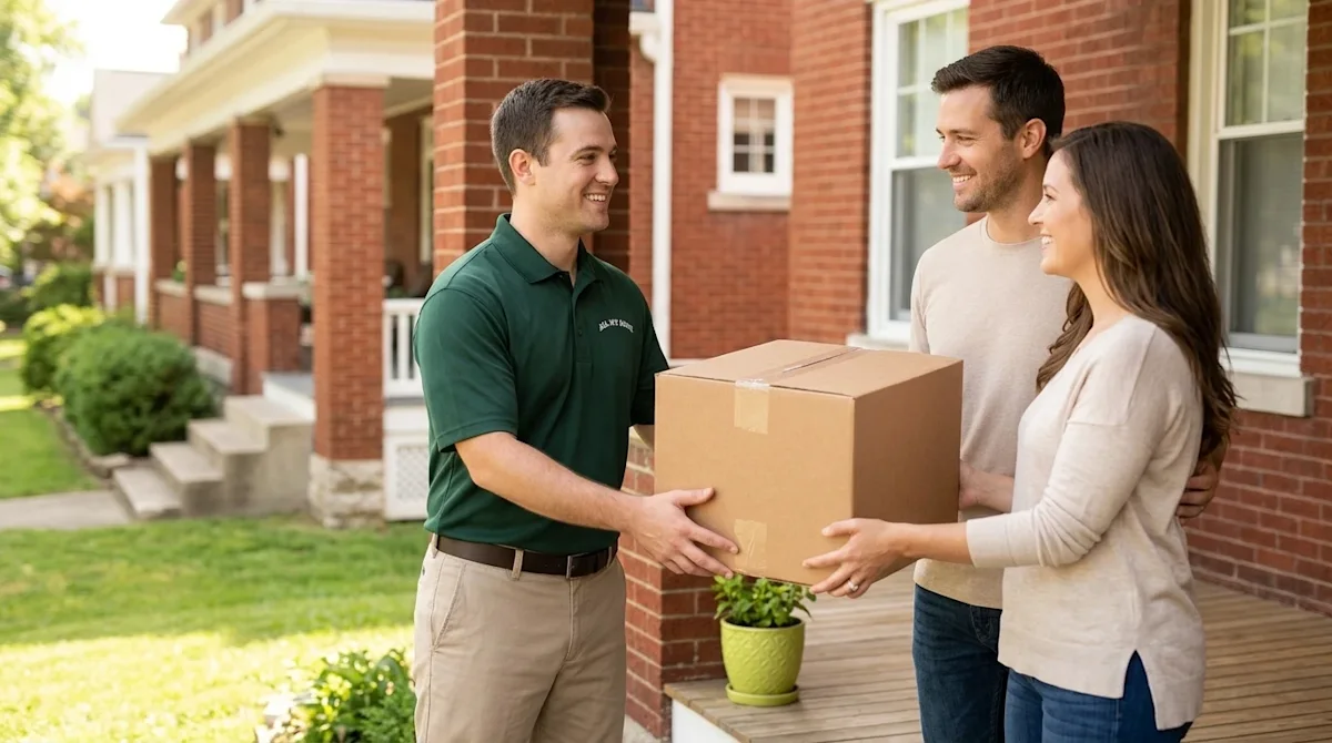 Professional marketing photography of a friendly, smiling moving professional wearing a deep forest green polo shirt, standin