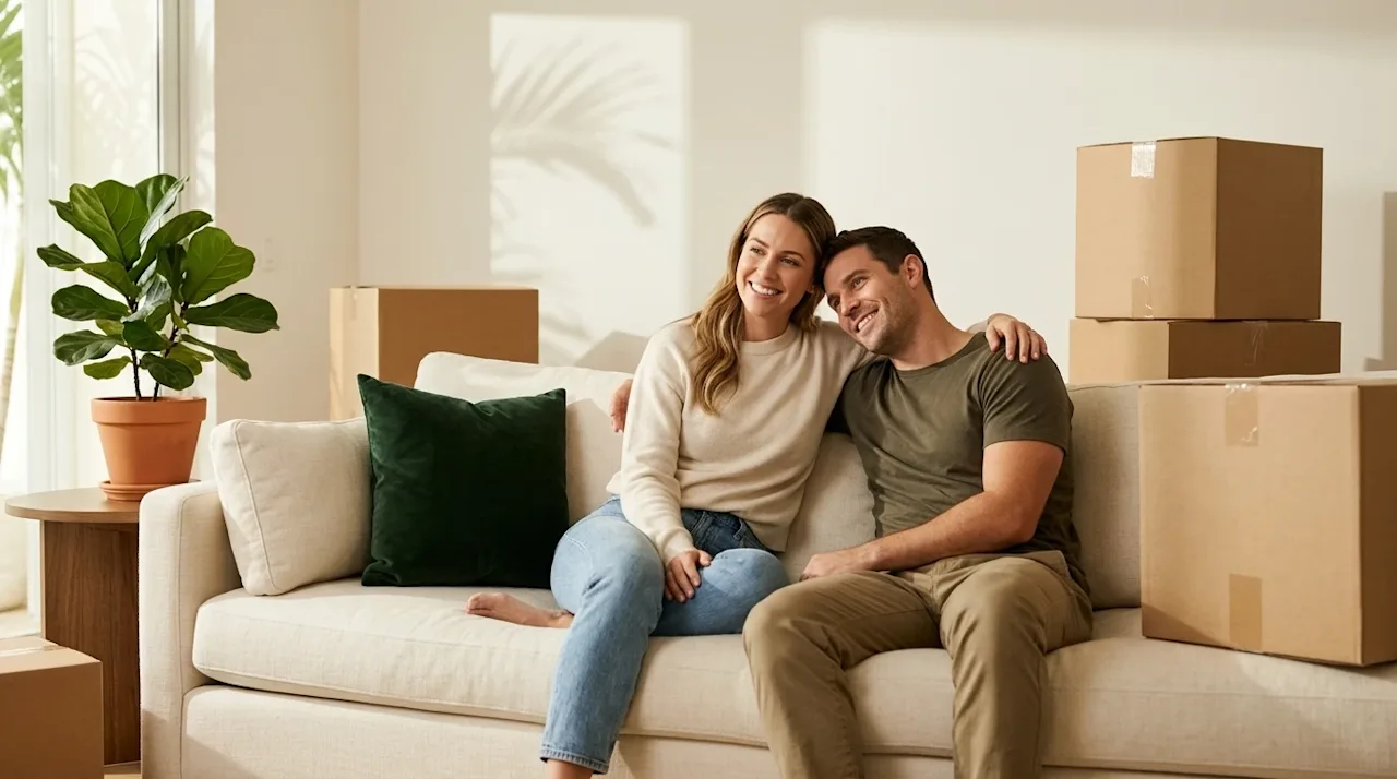 Clear, professional marketing lifestyle photography of a smiling, relaxed couple sitting on a plush cream-colored sofa in the