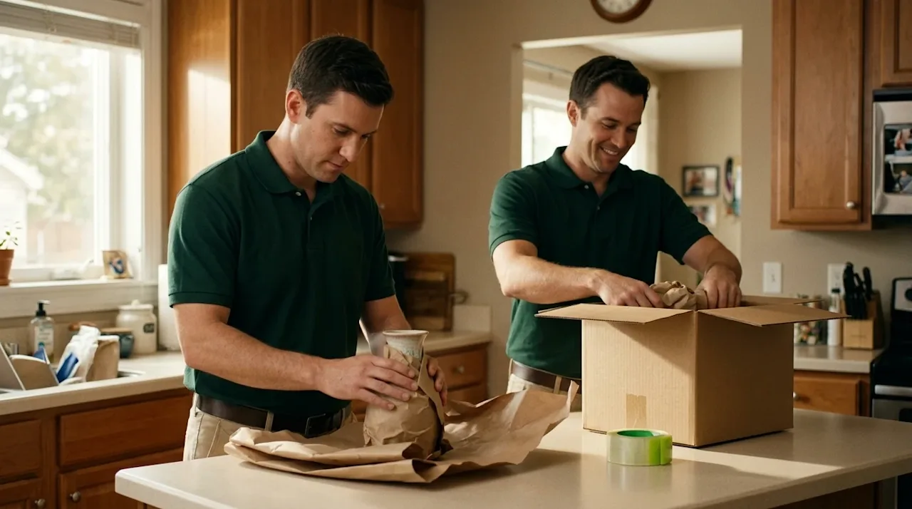 Professional marketing photography of two friendly, professional movers carefully packing belongings in a warm, welcoming sub