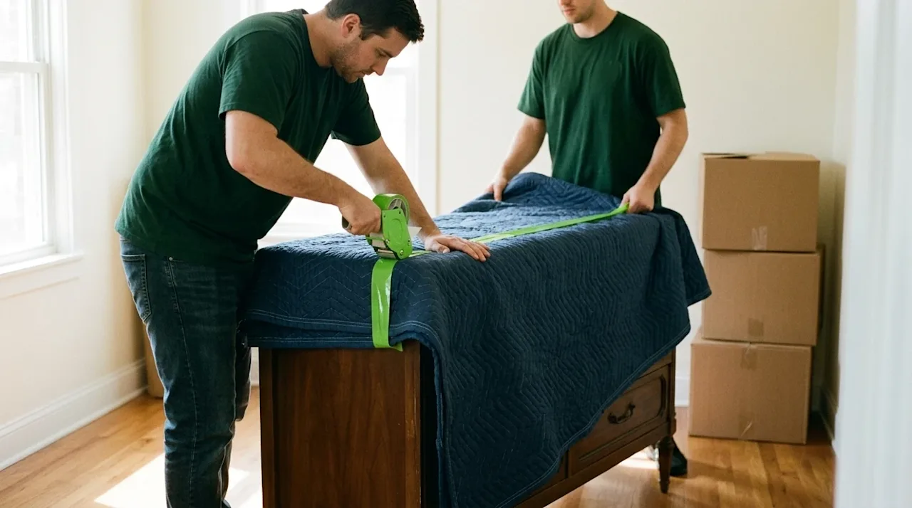 Candid documentary-style photography, 35mm film aesthetic. Two professional movers wearing casual dark forest green t-shirts