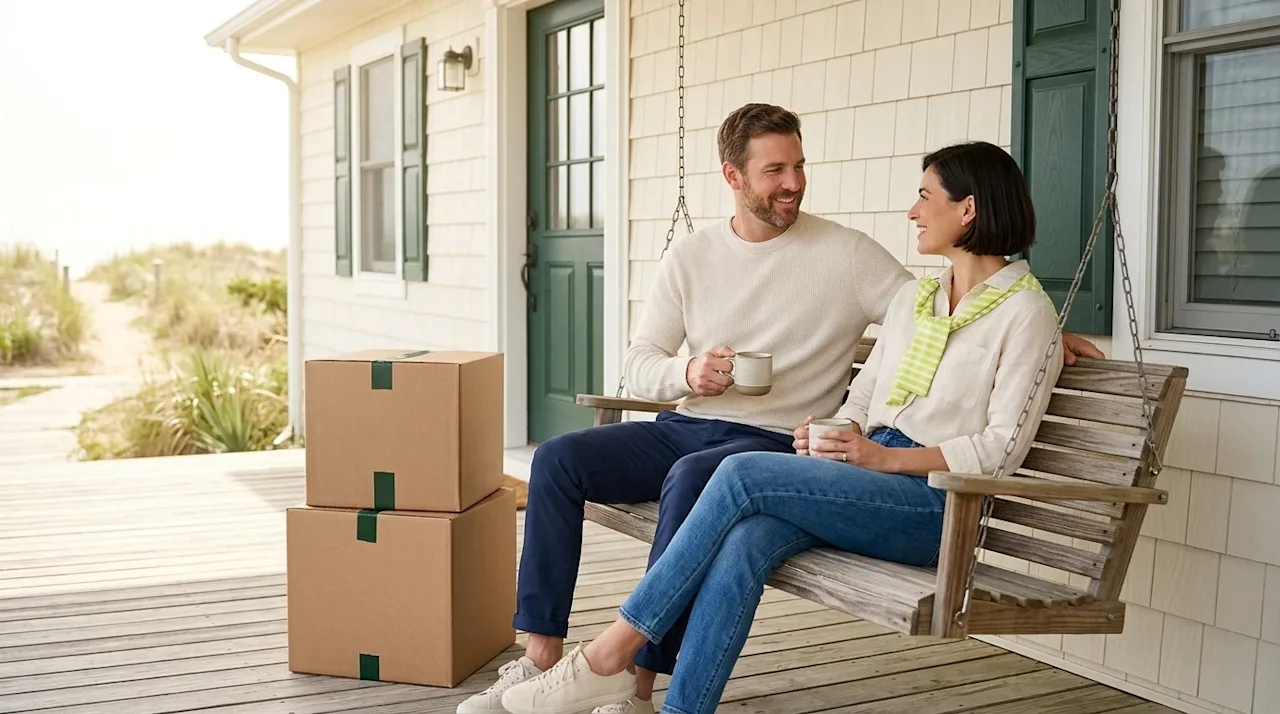 Professional marketing lifestyle photography of a relaxed, smiling couple sitting on the porch of a beautiful coastal home in Virginia Beach, VA.