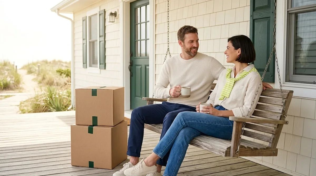 Professional marketing lifestyle photography of a relaxed, smiling couple sitting on the porch of a beautiful coastal home in Virginia Beach, VA.