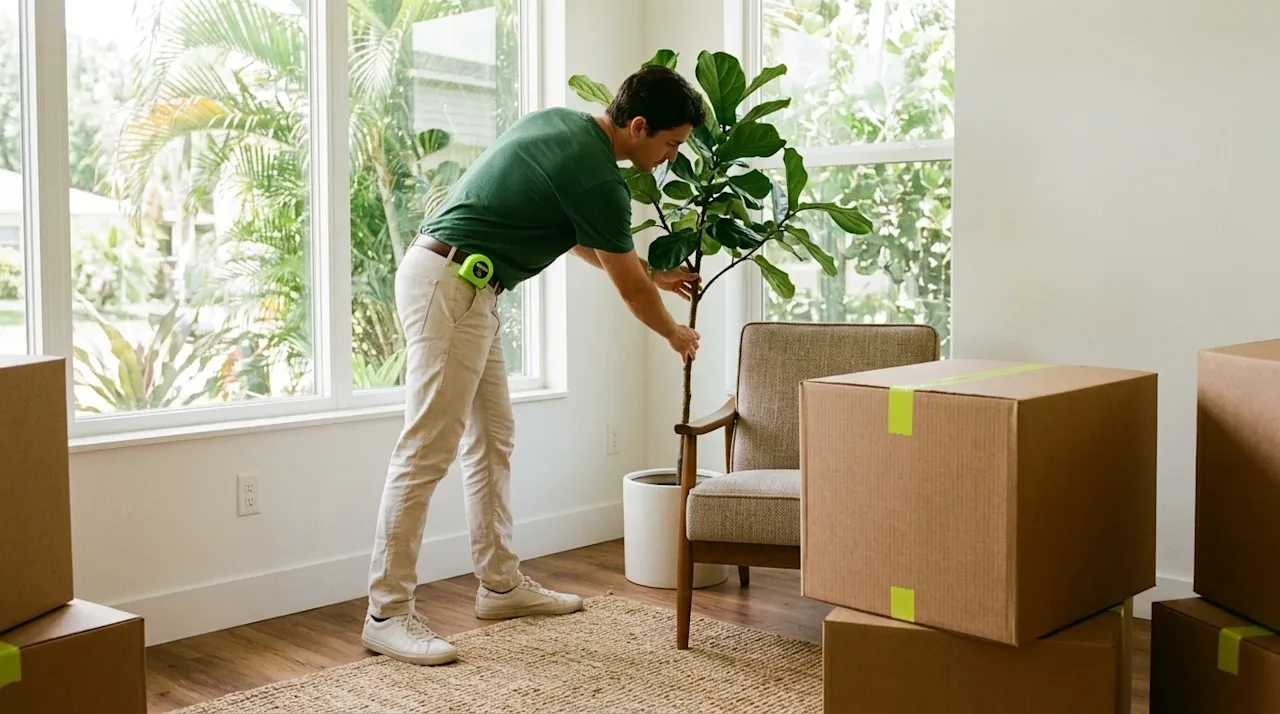 A warm, nostalgic lifestyle photograph of a bright, airy living room in Tampa, beautifully illuminated by sunny natural light.