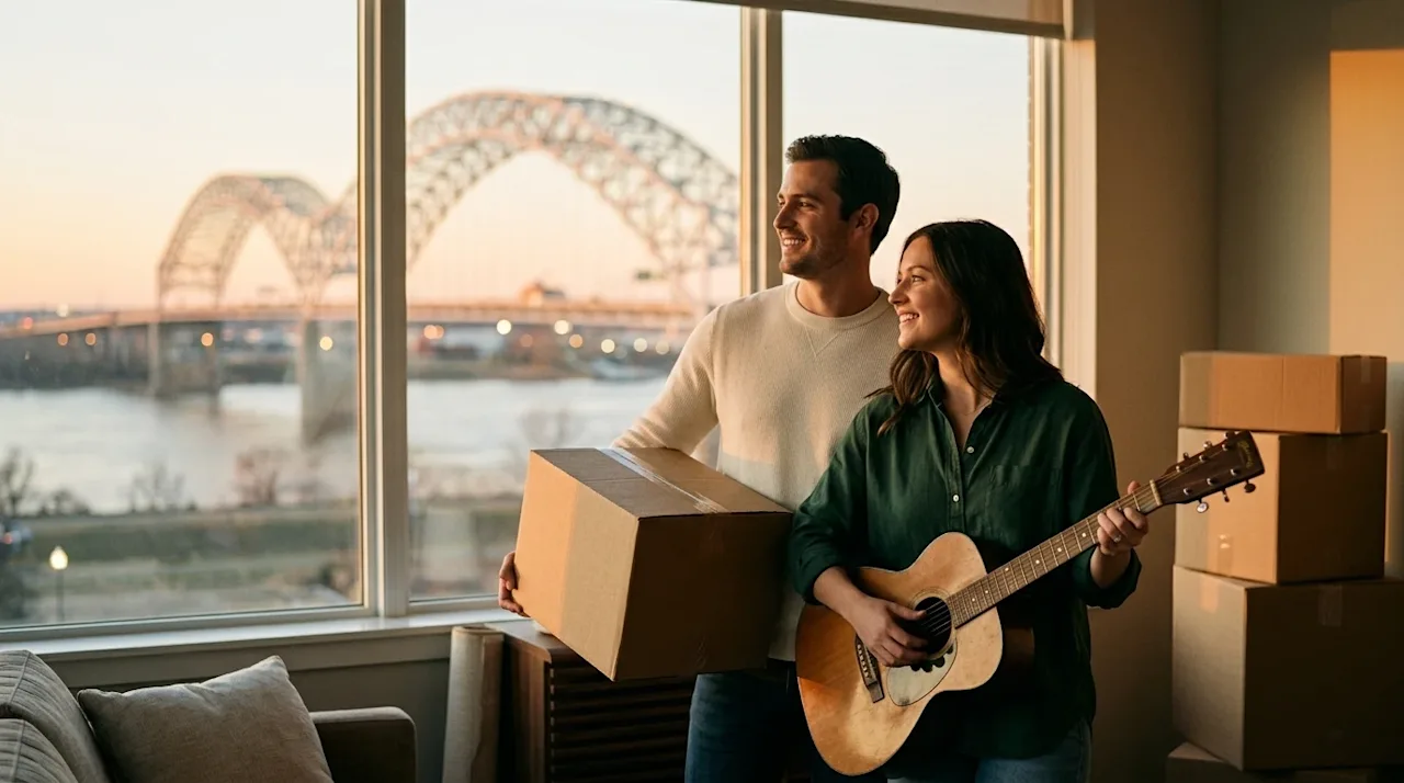 Clear, professional marketing photography, authentic candid lifestyle shot. A happy young couple standing inside their new ho