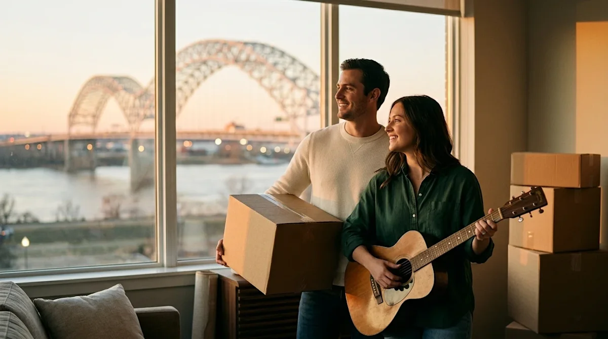 Clear, professional marketing photography, authentic candid lifestyle shot. A happy young couple standing inside their new ho