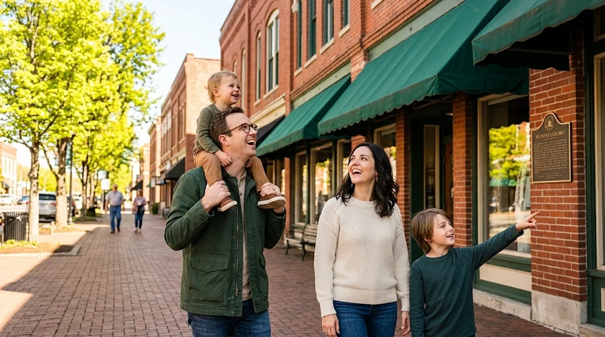 Clear, professional lifestyle marketing photography of a joyful family exploring a sunny, historic downtown brick-paved stree