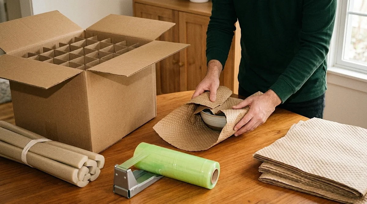 A close-up, high-quality lifestyle photograph showcasing specialized, non-standard moving and packing supplies in a bright, w