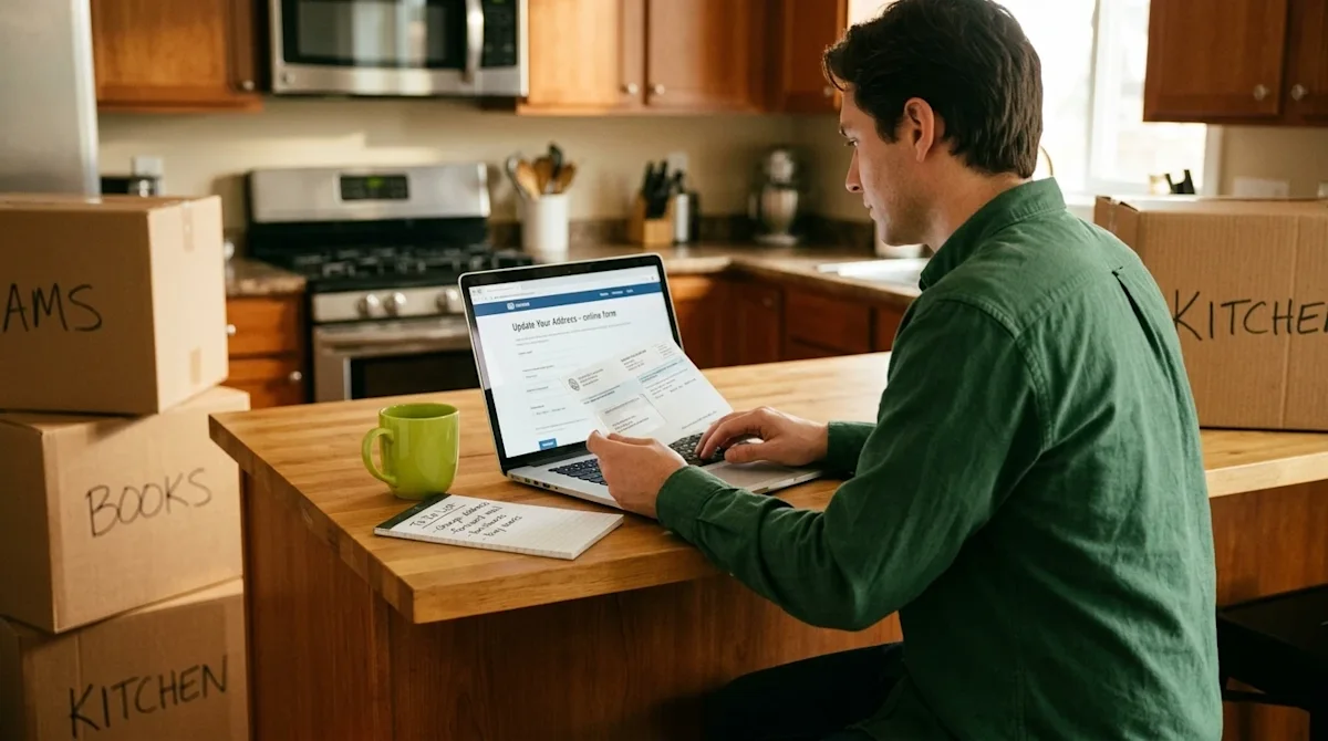 Candid 35mm film lifestyle photography of a person sitting at a warm wooden kitchen island surrounded by stacked cardboard mo