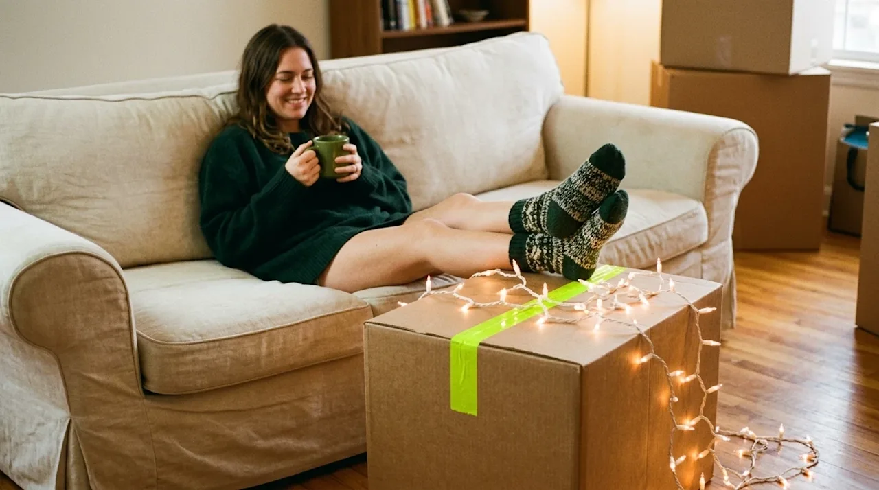 Candid 35mm lifestyle photography of a relaxed person sitting comfortably on a plush cream-colored sofa in a cozy living room