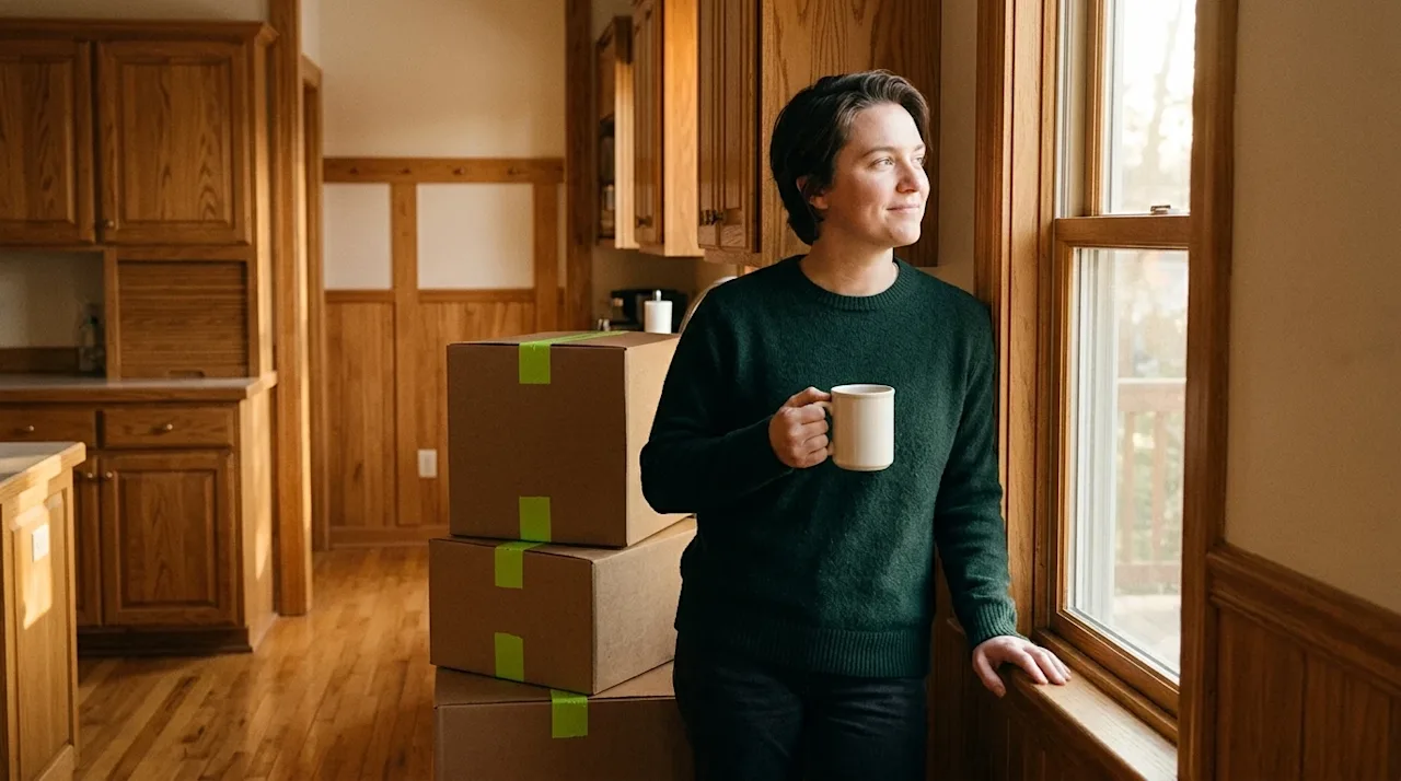 Candid lifestyle photography of a thoughtful homeowner standing in a warm, inviting midwestern home interior with natural woo