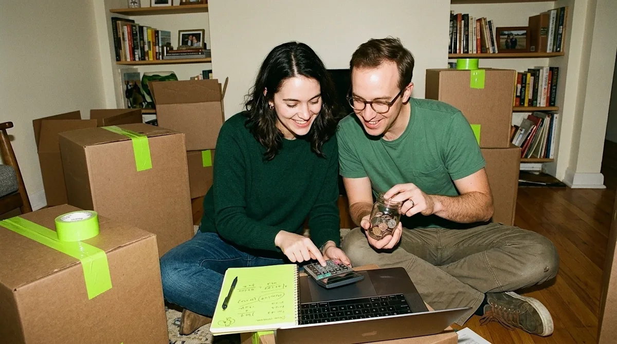 A candid, authentic 35mm flash photograph of a young couple planning a budget for their long-distance move in a warm, relatab