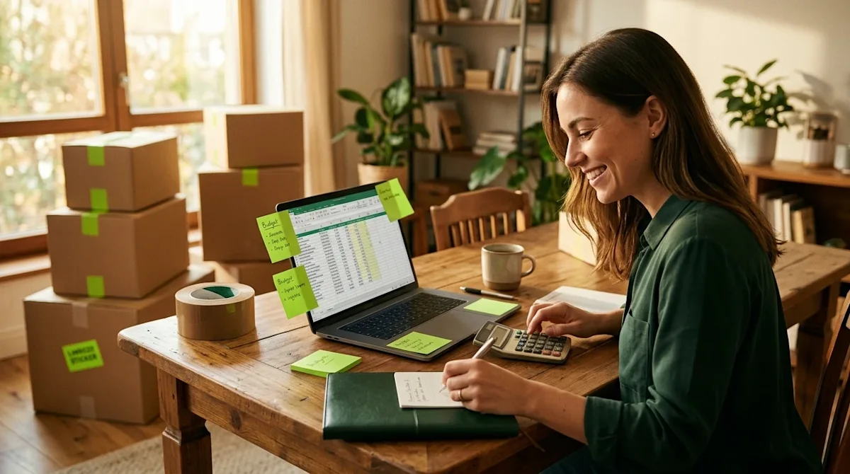 A high-quality lifestyle photograph of a smiling young professional sitting at a warm wooden dining table, cheerfully plannin