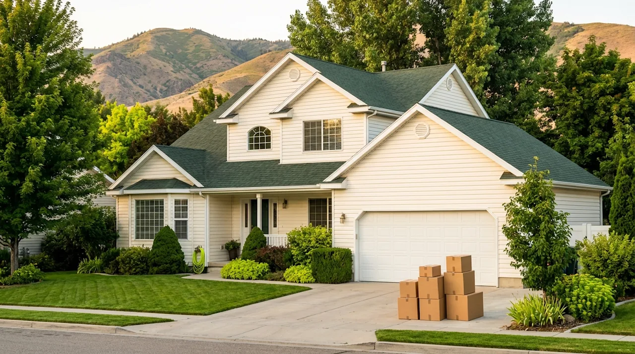 Suburban Boise home with moving boxes on the driveway and Idaho foothills in the background at golden hour.