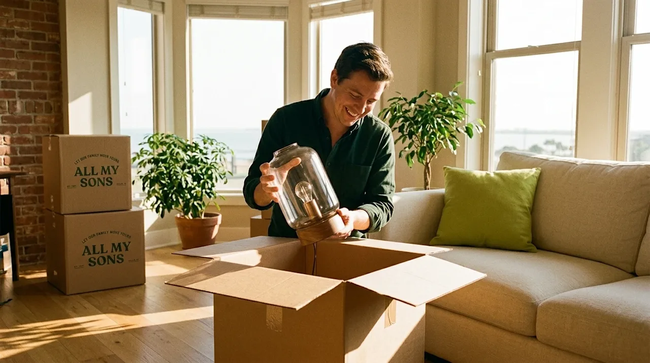 Candid, authentic 35mm film style photography of a bright, sunlit apartment interior in Corpus Christi, Texas. A person weari