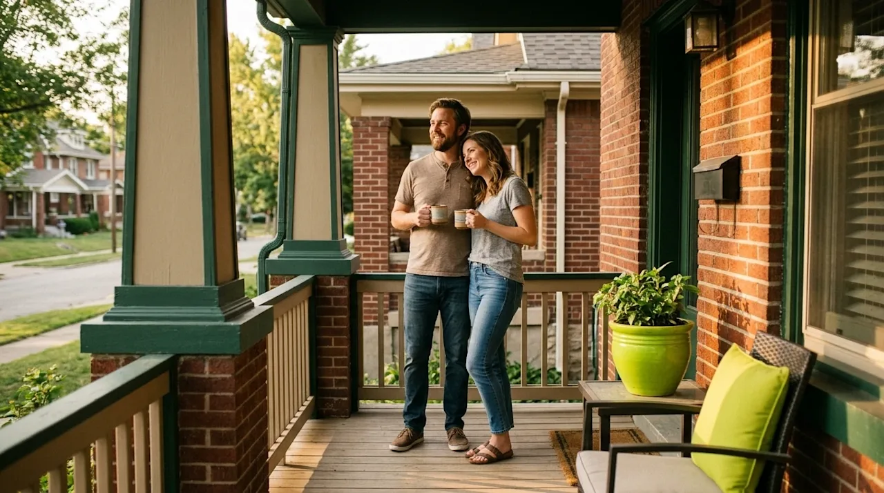 A high-quality, candid lifestyle photograph of a smiling couple standing on the front porch of a classic, charming brick home