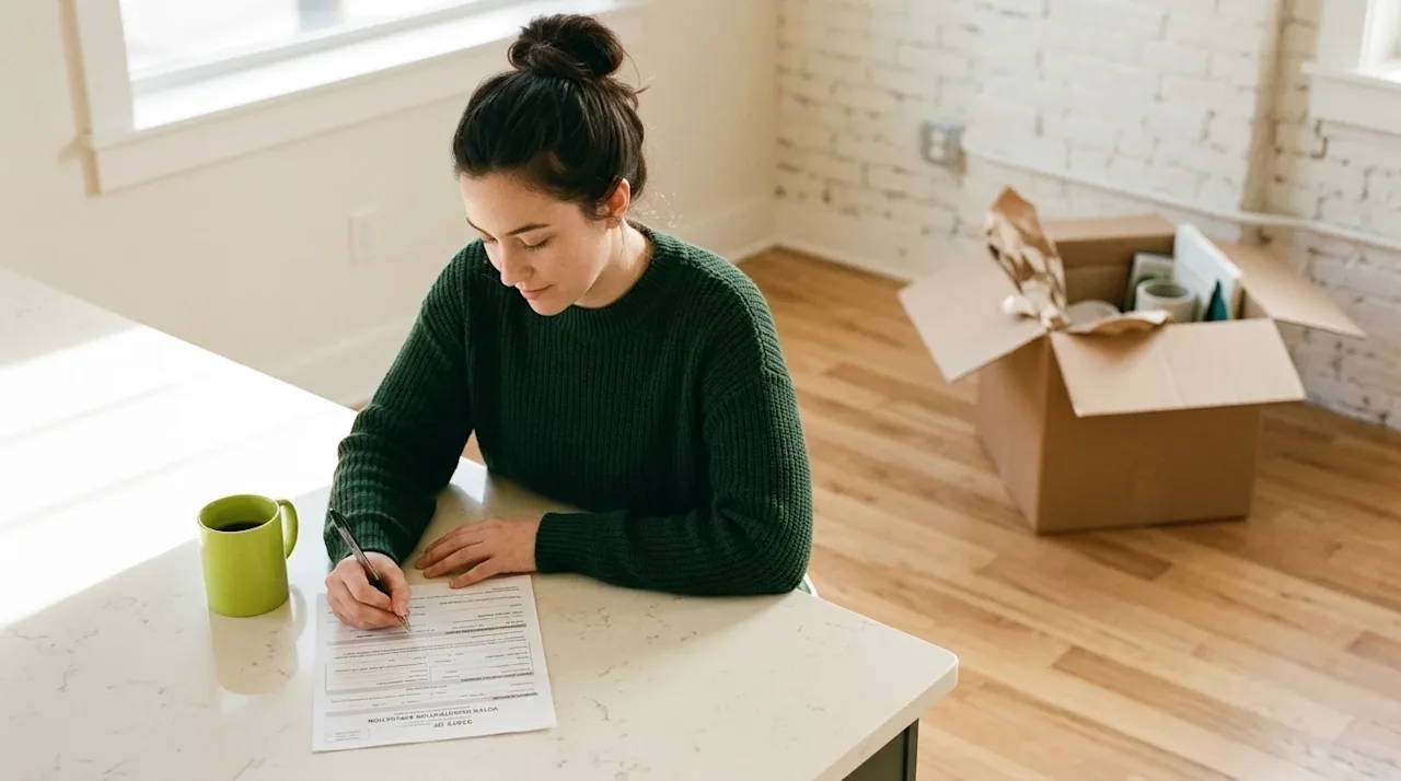 A candid, warm lifestyle photograph of a young woman sitting at a sunlit kitchen island in her newly purchased home, thoughtf