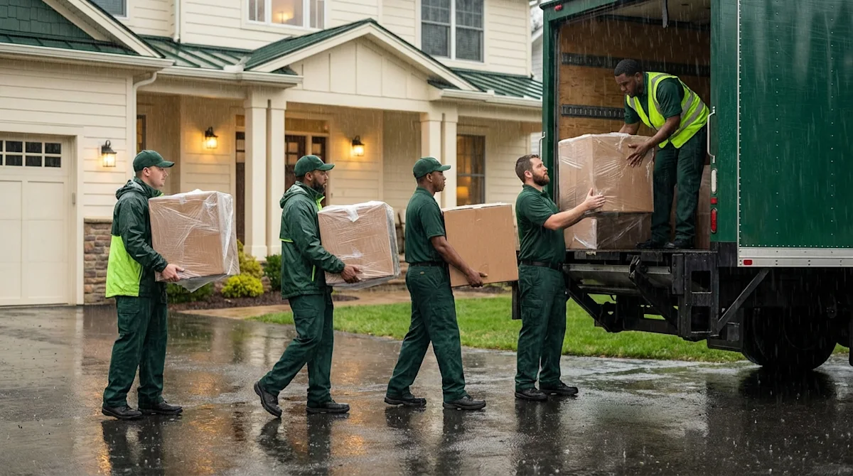 Professional movers in green uniforms carrying plastic-wrapped boxes to a truck in rainy weather.
