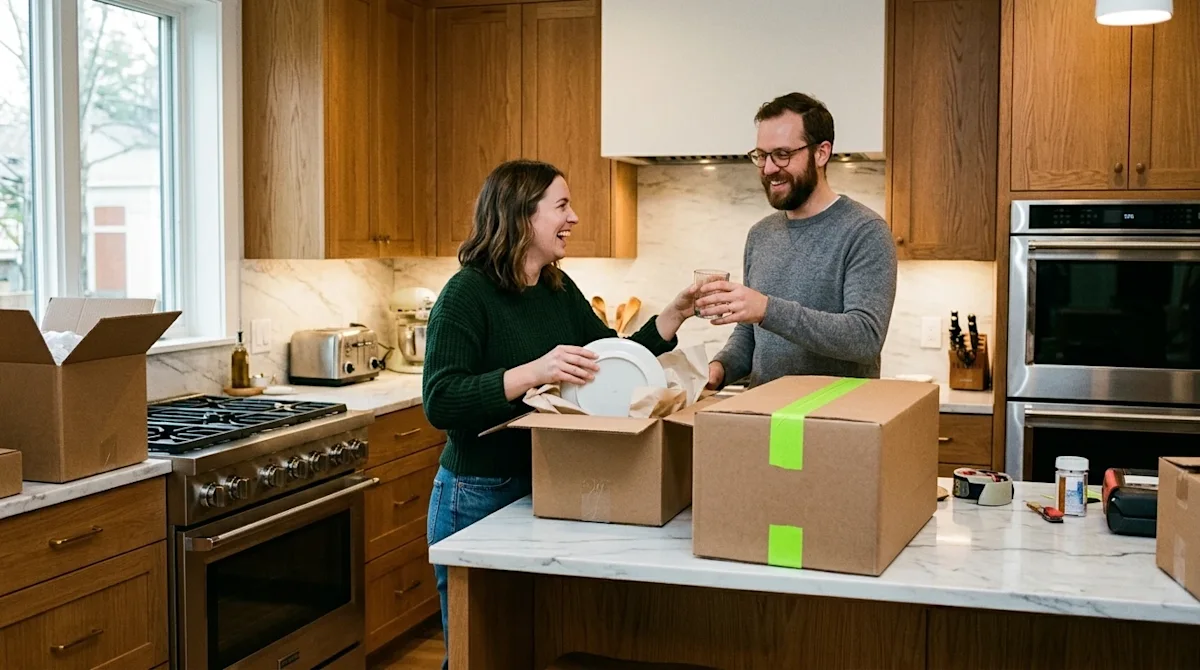 A candid lifestyle photograph of a happy couple packing up a beautifully upgraded, modern kitchen. The setting features warm