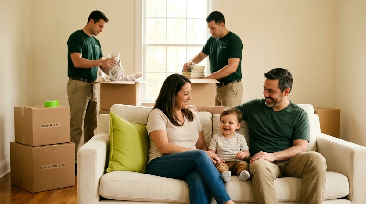 A high-quality, candid photograph illustrating the benefits of full-service moving. In the foreground, a relaxed, smiling fam