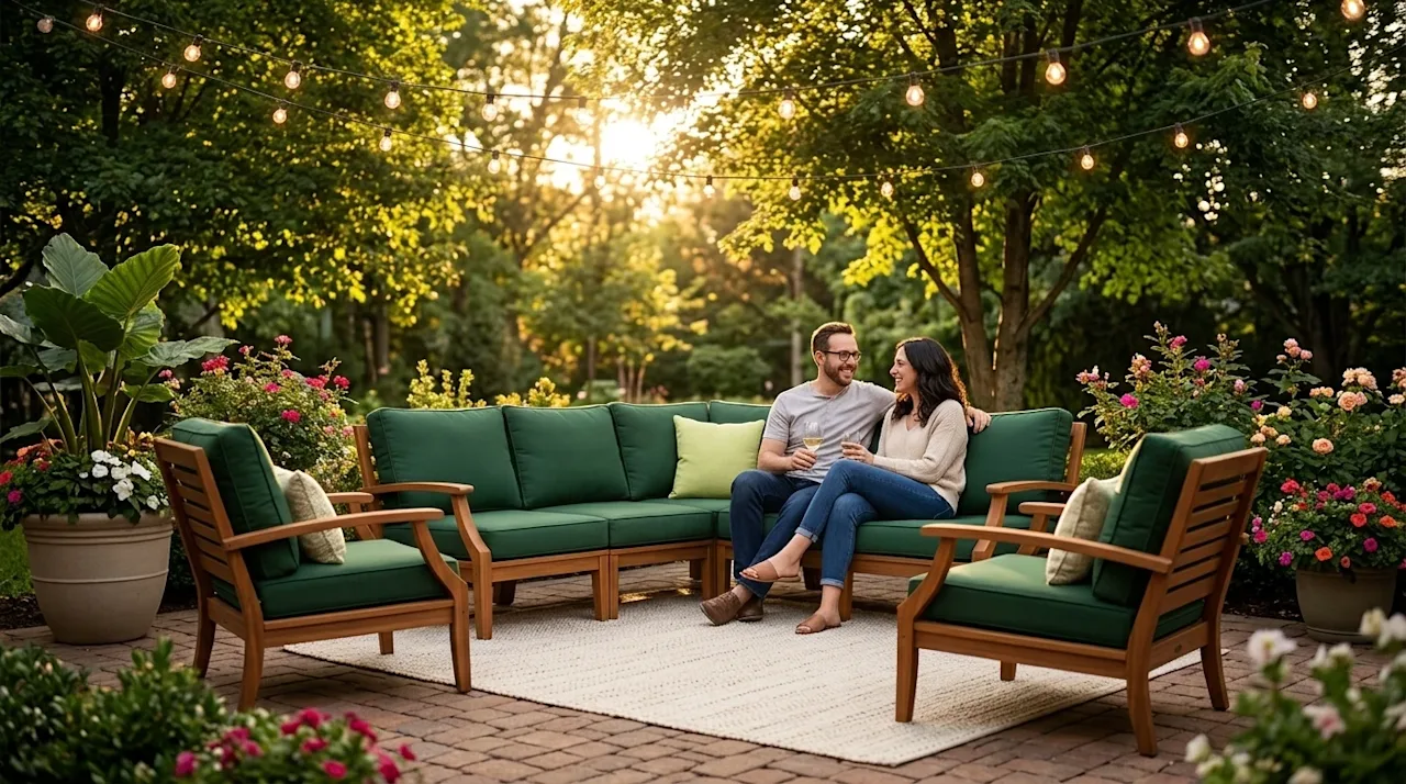 Clear, professional lifestyle marketing photography of a beautifully arranged backyard oasis at golden hour. A relaxing, stre