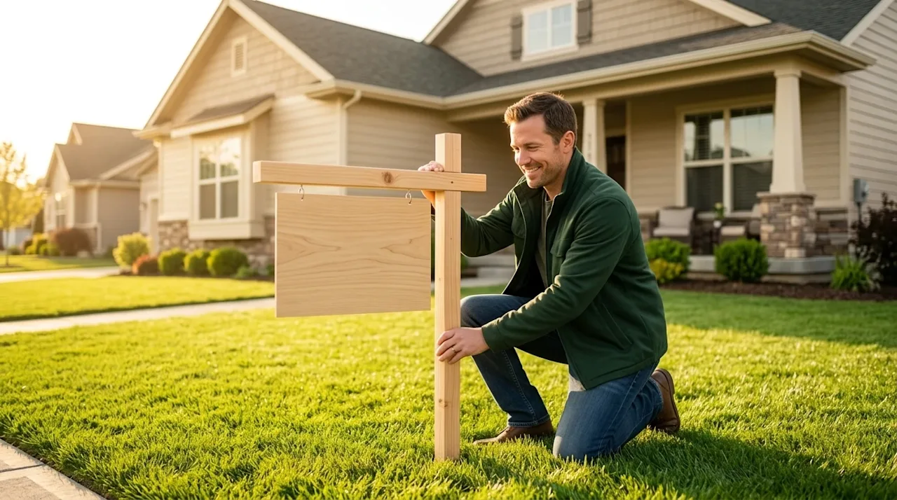 Professional lifestyle marketing photography of a confident homeowner in their front yard, smiling and placing a clean, simpl
