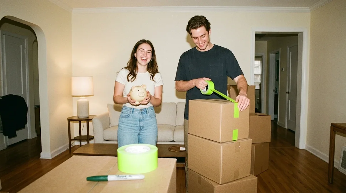 Candid 35mm film photography of a cheerful young couple in a warmly lit living room with cream walls and hardwood floors, ent