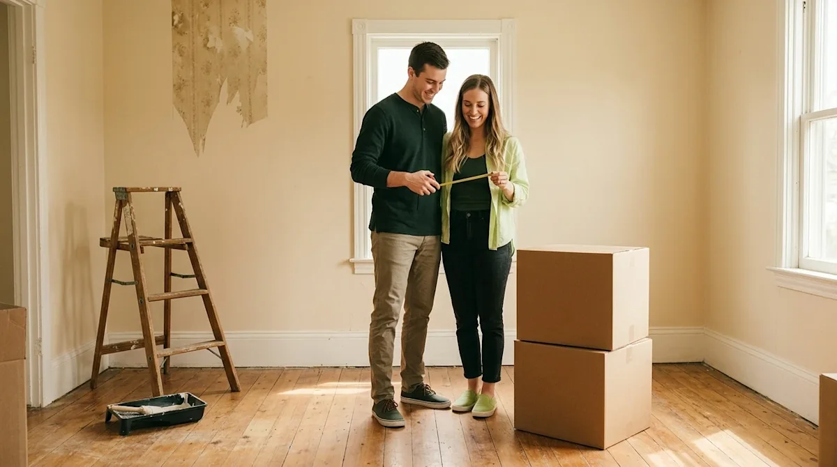 Clear, professional marketing photography. A candid, warm lifestyle shot of a hopeful young couple standing in the living roo