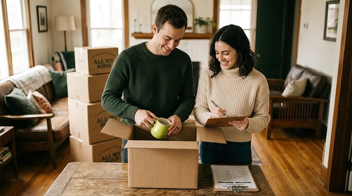 Clear, professional marketing photography of a young couple organizing their move in a warmly lit, cozy living room. One pers