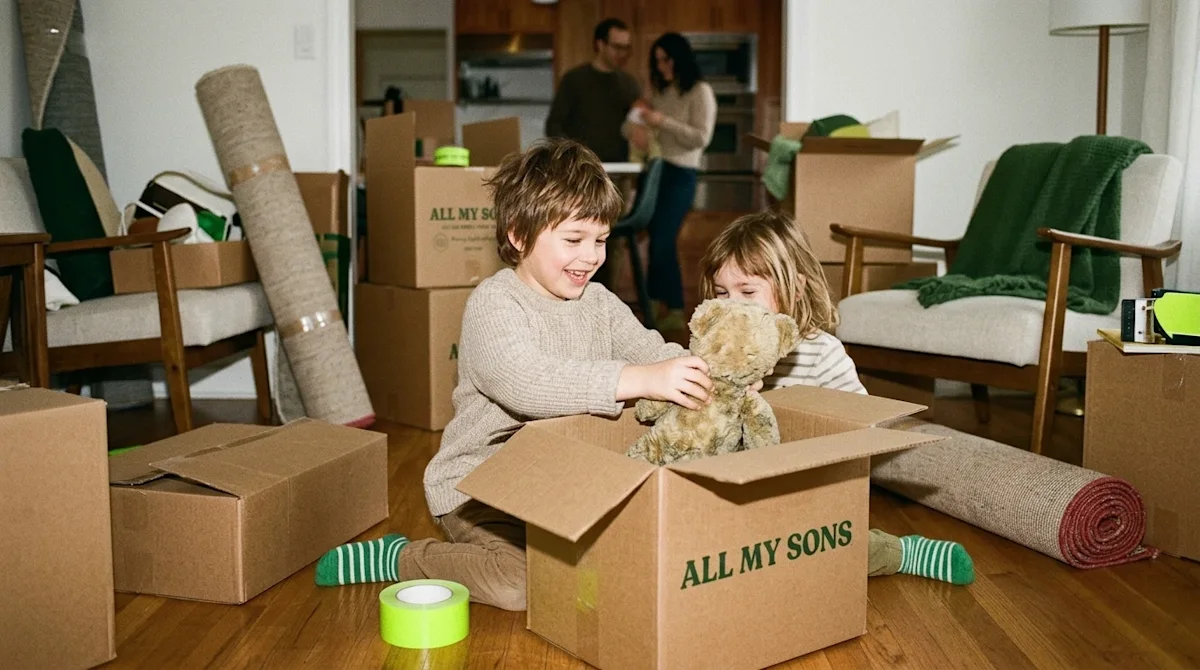 A candid lifestyle photograph of young children playfully helping pack for a family move in a cozy, partially packed living r