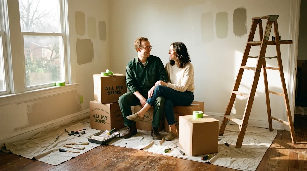 A candid 35mm film photograph of a young couple taking a break from renovating their new fixer-upper home. They are casually