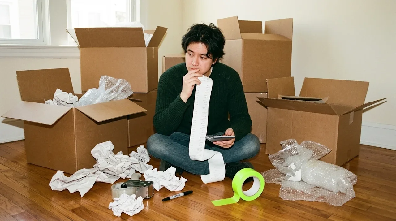 Candid lifestyle photography of a person sitting on a hardwood floor, surrounded by partially packed kraft brown cardboard mo